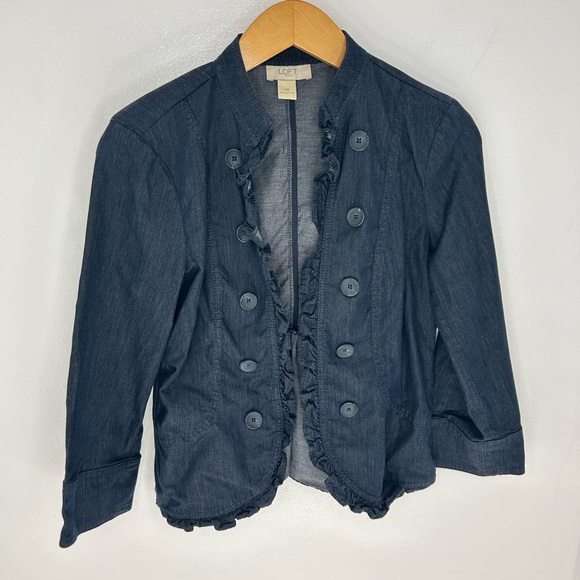 LOFT Outlet Denim Jacket Size XS‎ Ruffle Trim Coat Blue Jean Open Cardigan - Picture 1 of 10